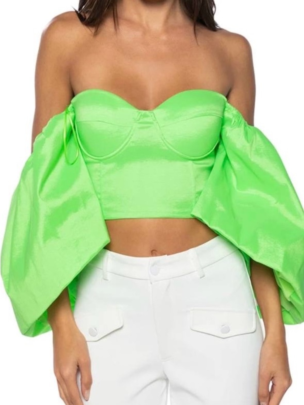 AKIRA Neon Lime Off-Shoulder Puff Sleeve Crop Top